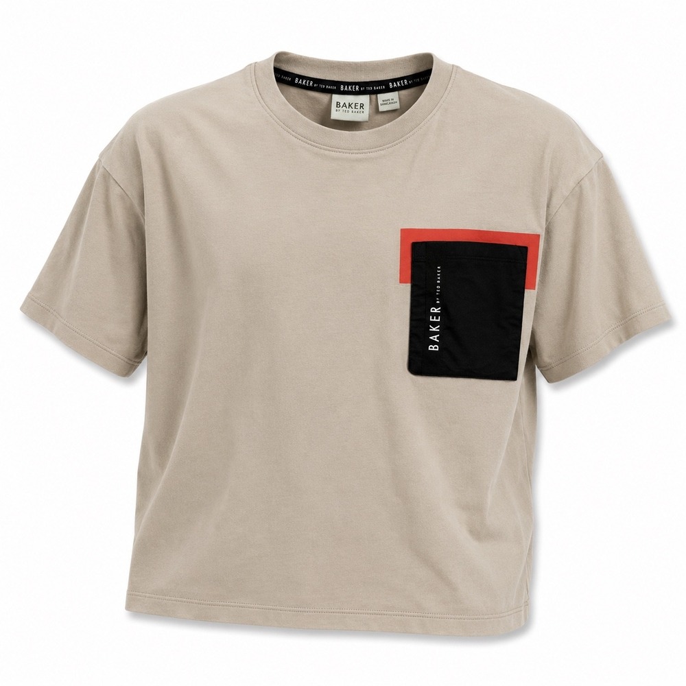 Baker by Ted Baker Boys 12Y Stone Tan Colorblock Logo Pocket Tee T-Shirt